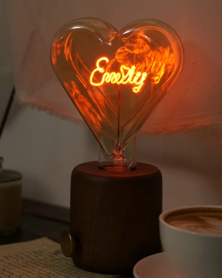 G125 Decorative Light Bulb – Heart-Shaped Rechargeable Edison Bulb with Customized Name, Wedding Gift
