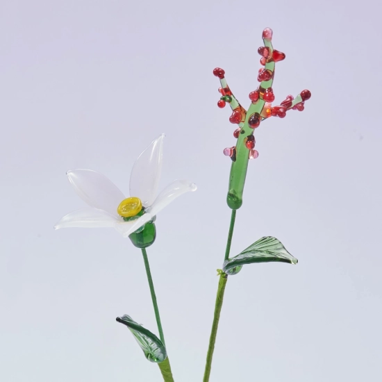 December Birth Flower Handmade Glass White Narcissus & Holly Set – 2-Stem Birthday Gift