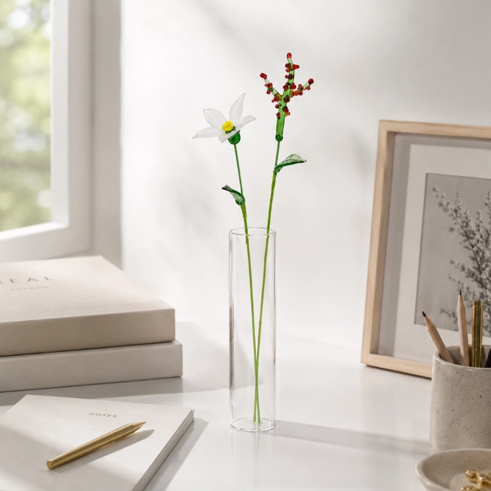 December Birth Flower Handmade Glass White Narcissus & Holly Set – 2-Stem Birthday Gift (4)