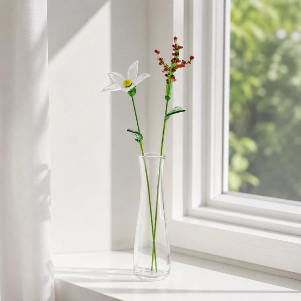December Birth Flower Handmade Glass White Narcissus & Holly Set – 2-Stem Birthday Gift (8)