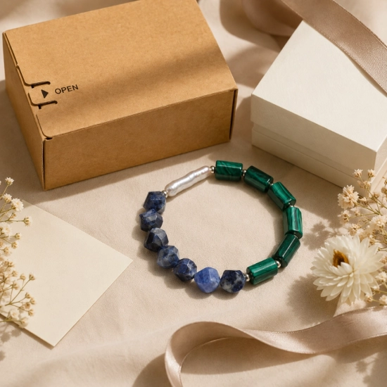 December Solstice Tide Birth Month Bracelet – Sodalite, Malachite, Freshwater Pearl & S925 Silver