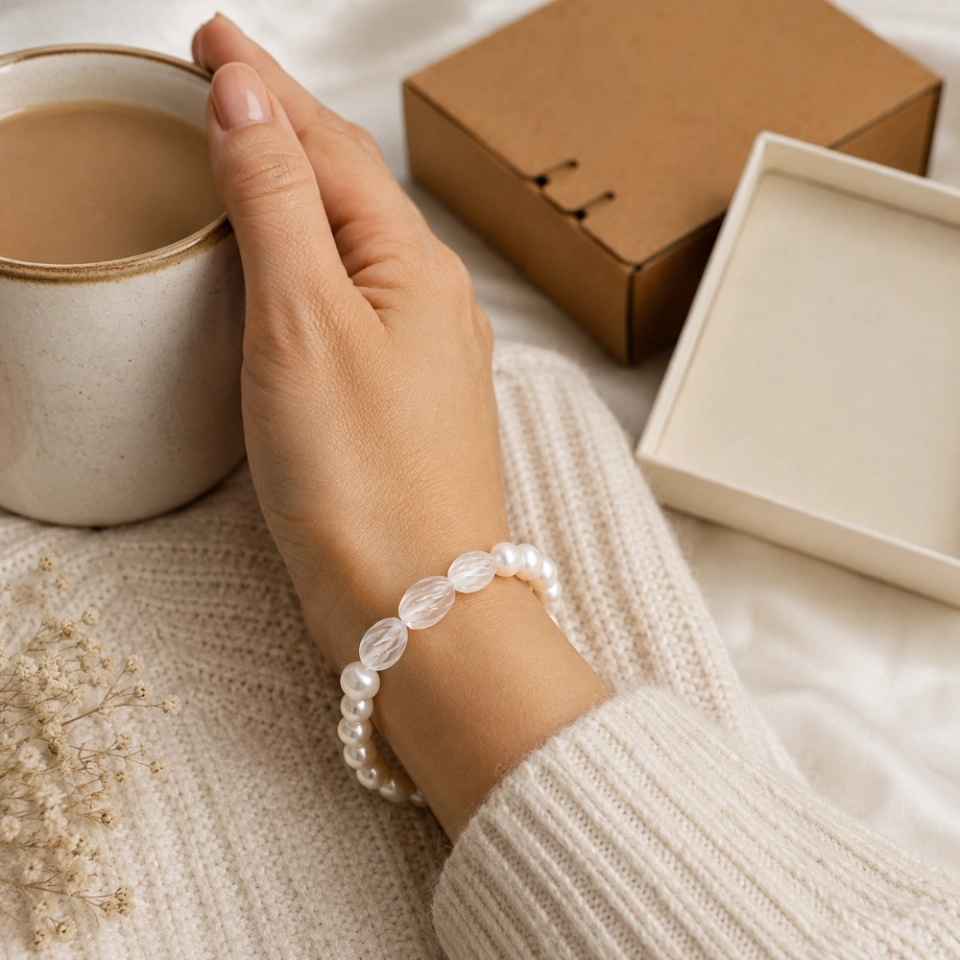 Eternal Helix April Birth Month Bracelet – Carved Clear Quartz & Freshwater Pearl Gift for Her (8) Eternal Helix April Birth Month Bracelet – Carved Clear Quartz & Freshwater Pearl Gift for Her (8)