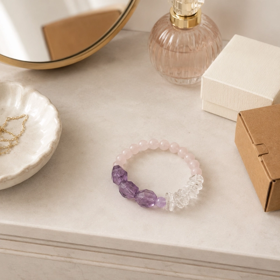 Freeform Amethyst February Birthstone Bracelet with Rose Quartz & Clear Quartz, Meaningful Gift for Her (3)
