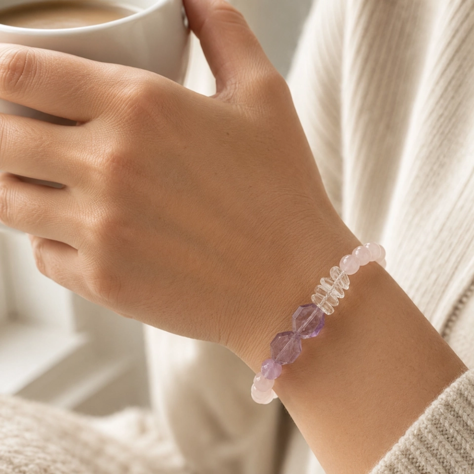Freeform Amethyst February Birthstone Bracelet with Rose Quartz & Clear Quartz, Meaningful Gift for Her (7)