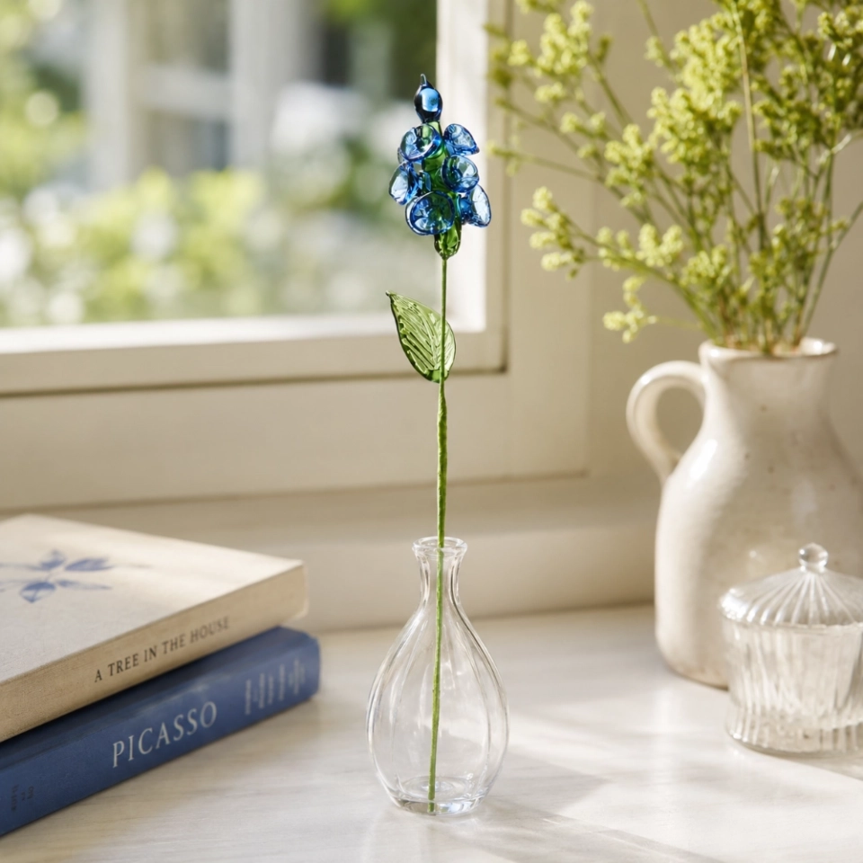Handmade Glass Blue Delphinium Flower, Single Stem Keepsake Gift – 10.24 in (6) Handmade Glass Blue Delphinium Flower, Single Stem Keepsake Gift – 10.24 in (6)
