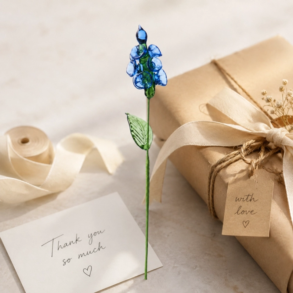 Handmade Glass Blue Delphinium Flower, Single Stem Keepsake Gift – 10.24 in (7) Handmade Glass Blue Delphinium Flower, Single Stem Keepsake Gift – 10.24 in (7)