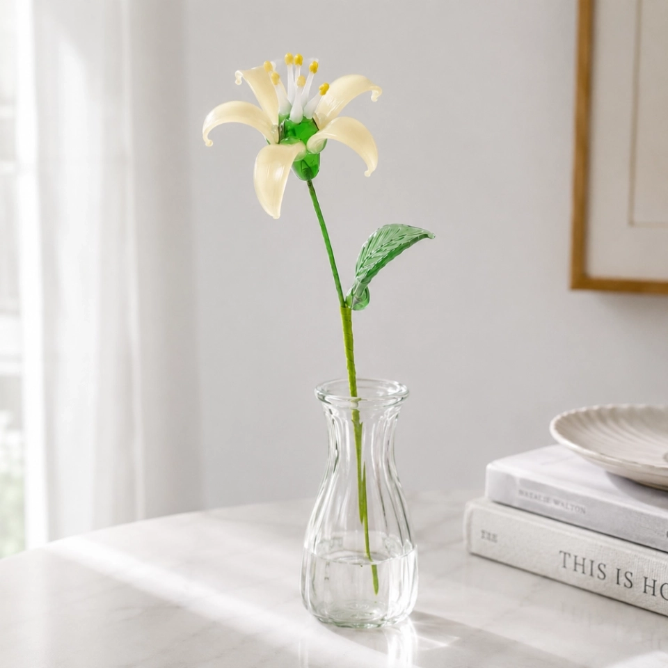Handmade Glass Ivory Honeysuckle Flower, Single Stem Gift – 10.24 in (2)