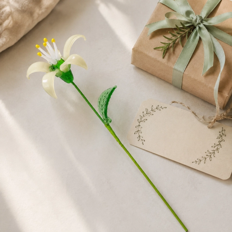 Handmade Glass Ivory Honeysuckle Flower, Single Stem Gift – 10.24 in (3)