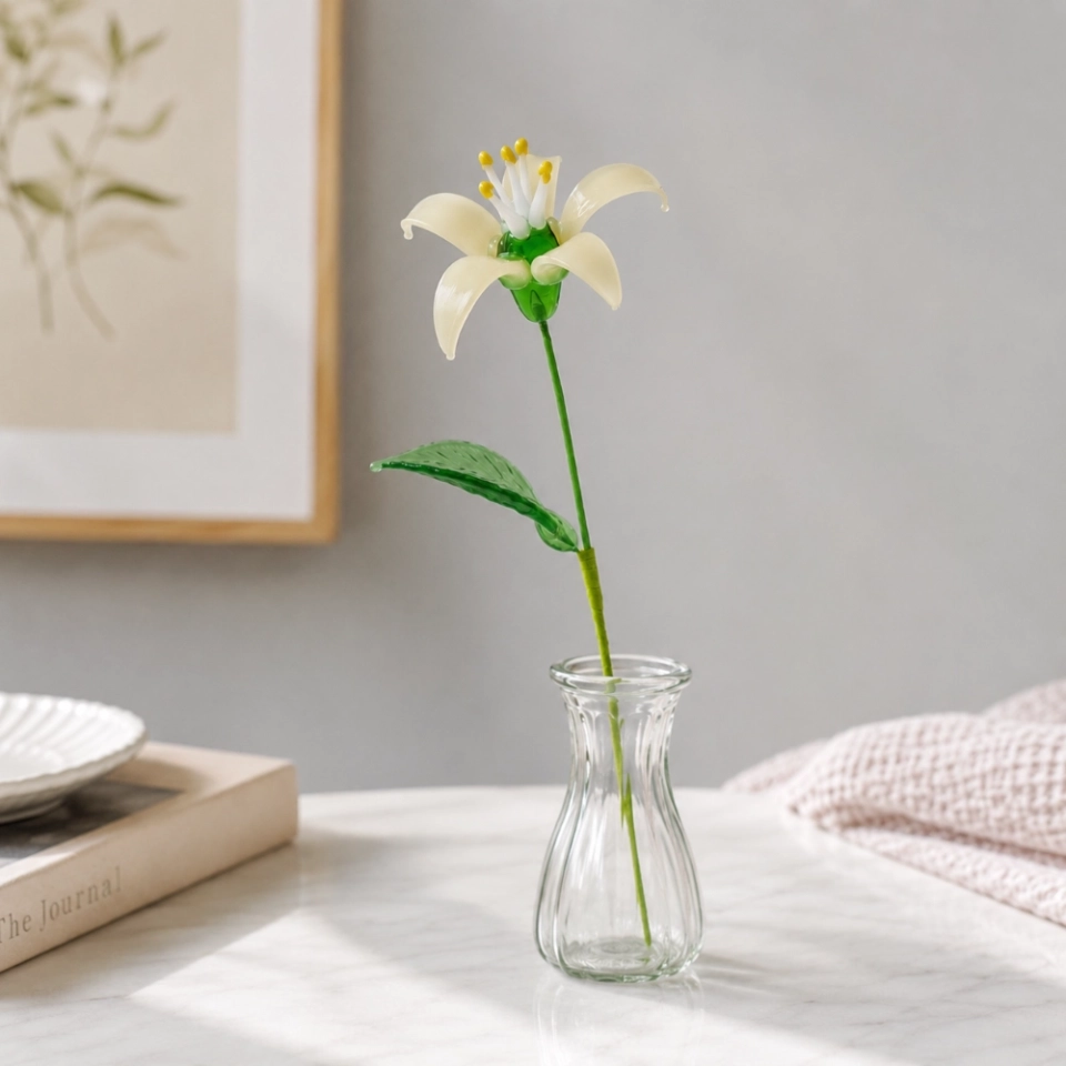 Handmade Glass Ivory Honeysuckle Flower, Single Stem Gift – 10.24 in (4)
