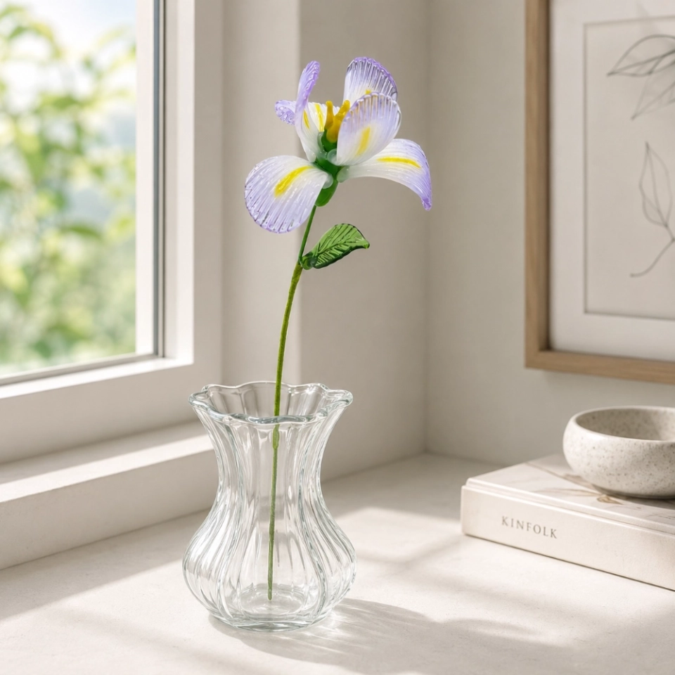 Handmade Glass Iris Flower, Single Stem Keepsake Gift – 10.24 in (5) Handmade Glass Iris Flower, Single Stem Keepsake Gift – 10.24 in (5)