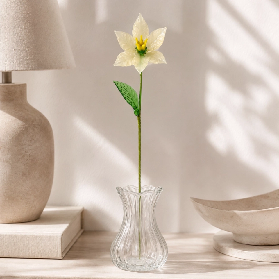 Handmade Glass Ivory Cream Narcissus Flower, Single Stem Gift – 10.24 in (4) Handmade Glass Ivory Cream Narcissus Flower, Single Stem Gift – 10.24 in (4)