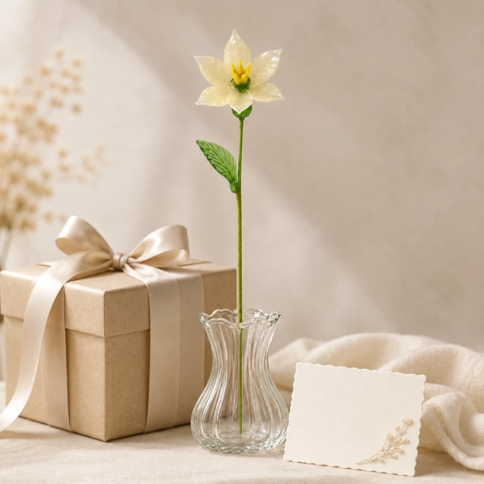 Handmade Glass Ivory Cream Narcissus Flower, Single Stem Gift – 10.24 in (5) Handmade Glass Ivory Cream Narcissus Flower, Single Stem Gift – 10.24 in (5)
