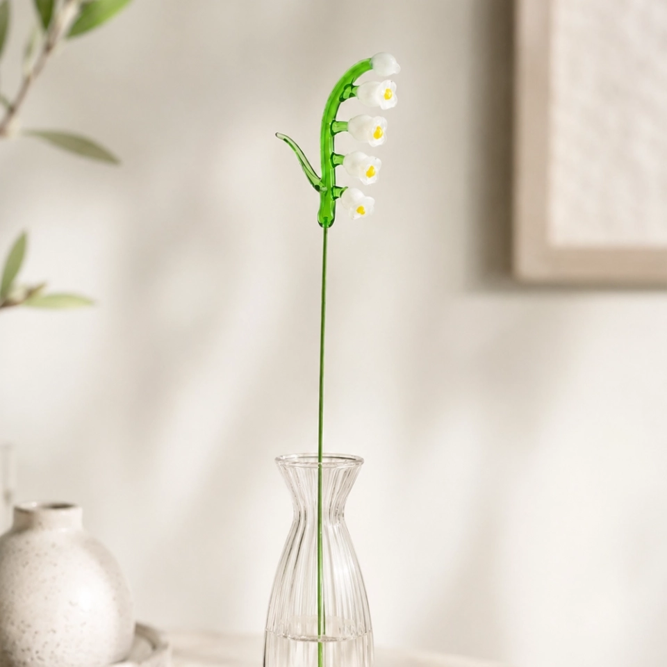 Handmade Glass White Lily of the Valley Flower, Single Stem Gift – 10.24 in (4) Handmade Glass White Lily of the Valley Flower, Single Stem Gift – 10.24 in (4)