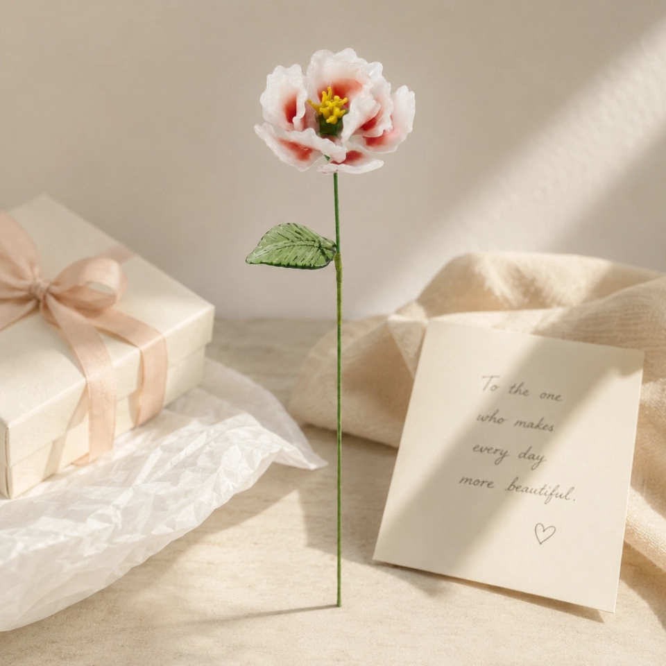 Handmade Glass Peony Flower, Blush White Art Glass Single Stem Flower Gift for Home Decor (3) Handmade Glass Peony Flower, Blush White Art Glass Single Stem Flower Gift for Home Decor (3)
