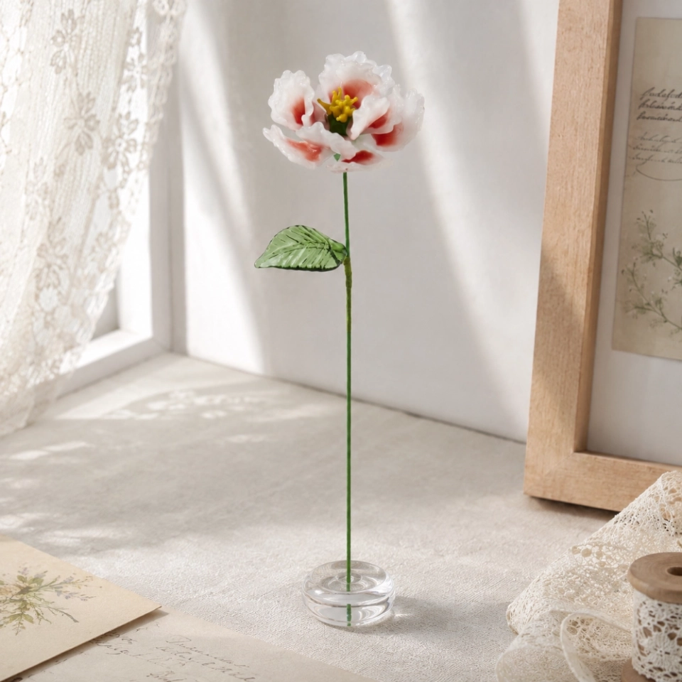 Handmade Glass Peony Flower, Blush White Art Glass Single Stem Flower Gift for Home Decor (7) Handmade Glass Peony Flower, Blush White Art Glass Single Stem Flower Gift for Home Decor (7)