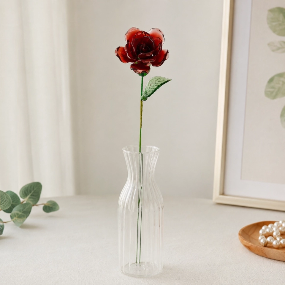 Handmade Glass Red Rose Flower, Single Stem Keepsake Gift – 10.24 in (2) Handmade Glass Red Rose Flower, Single Stem Keepsake Gift – 10.24 in (2)