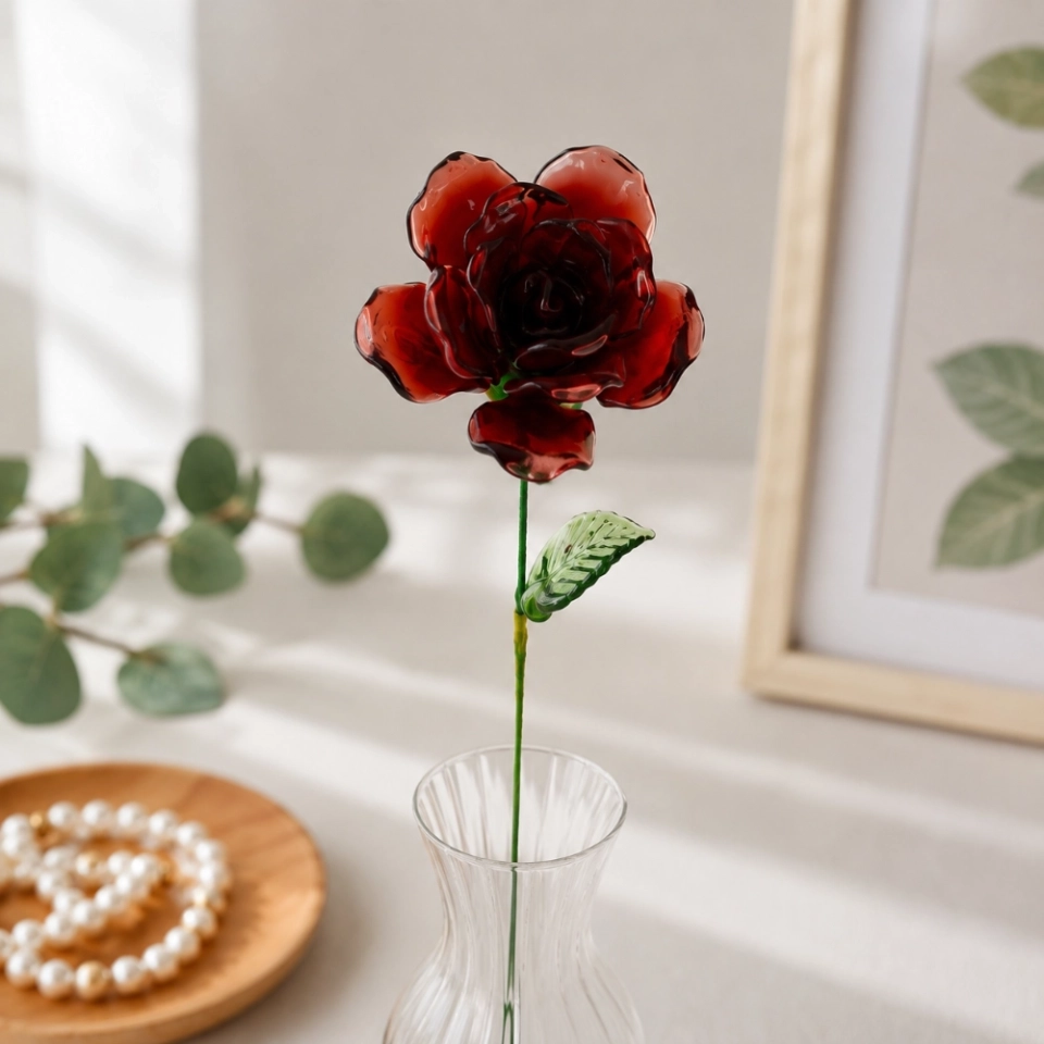 Handmade Glass Red Rose Flower, Single Stem Keepsake Gift – 10.24 in (3) Handmade Glass Red Rose Flower, Single Stem Keepsake Gift – 10.24 in (3)