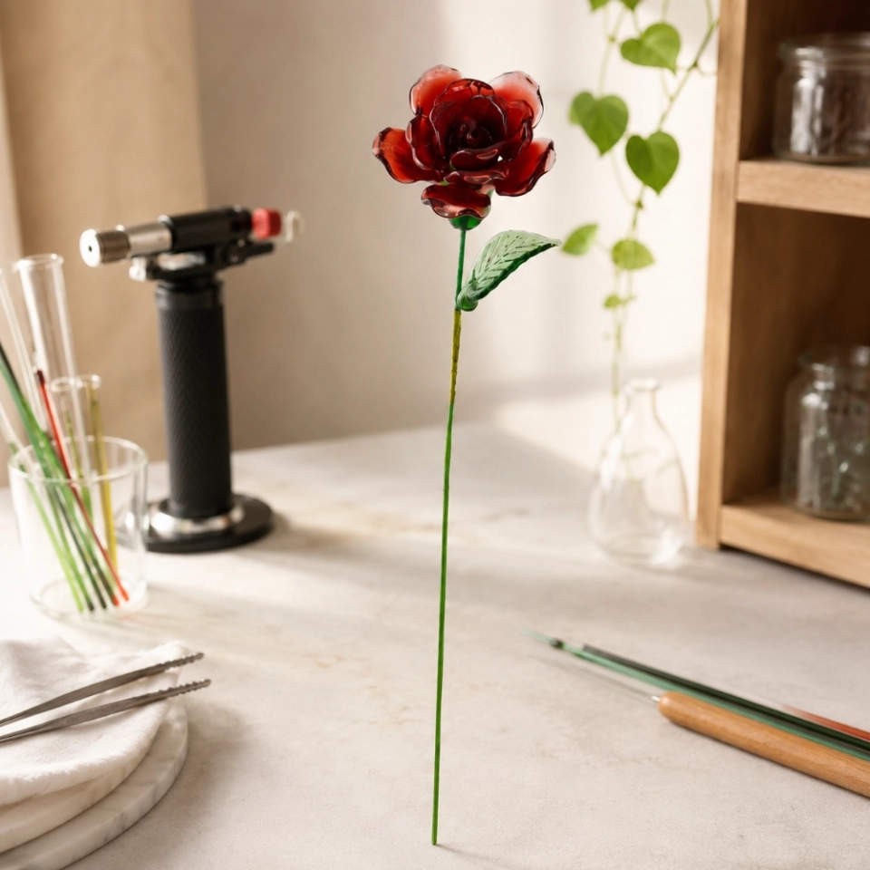 Handmade Glass Red Rose Flower, Single Stem Keepsake Gift – 10.24 in (4) Handmade Glass Red Rose Flower, Single Stem Keepsake Gift – 10.24 in (4)