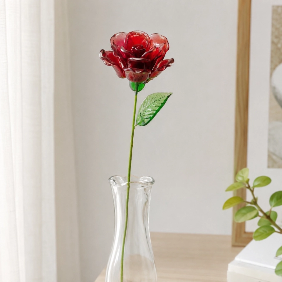 Handmade Glass Red Rose Flower, Single Stem Keepsake Gift – 10.24 in (7) Handmade Glass Red Rose Flower, Single Stem Keepsake Gift – 10.24 in (7)