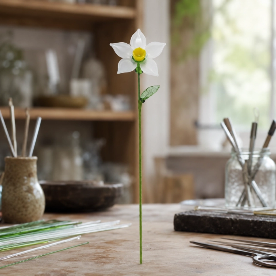 Handmade Glass White Daffodil Flower, Single Stem Narcissus Floral Decor (5)