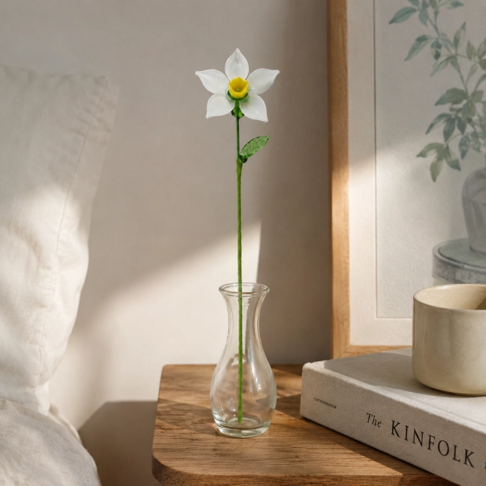 Handmade Glass White Daffodil Flower, Single Stem Narcissus Floral Decor (6)