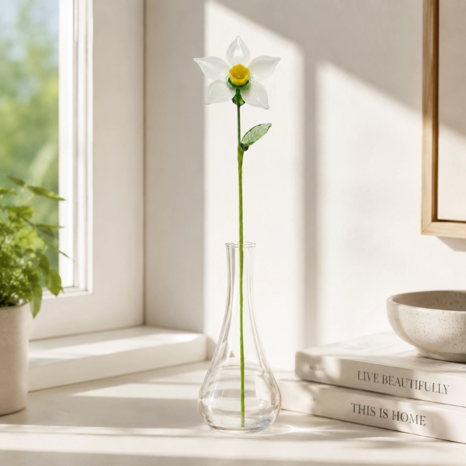 Handmade Glass White Daffodil Flower, Single Stem Narcissus Floral Decor (7)