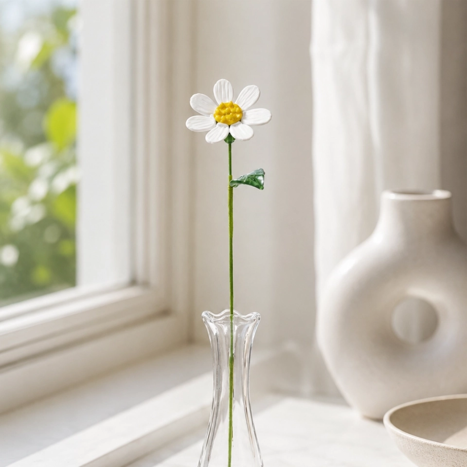 Handmade Glass White Daisy Flower, Single Stem Keepsake Gift – 10.24 in (3)