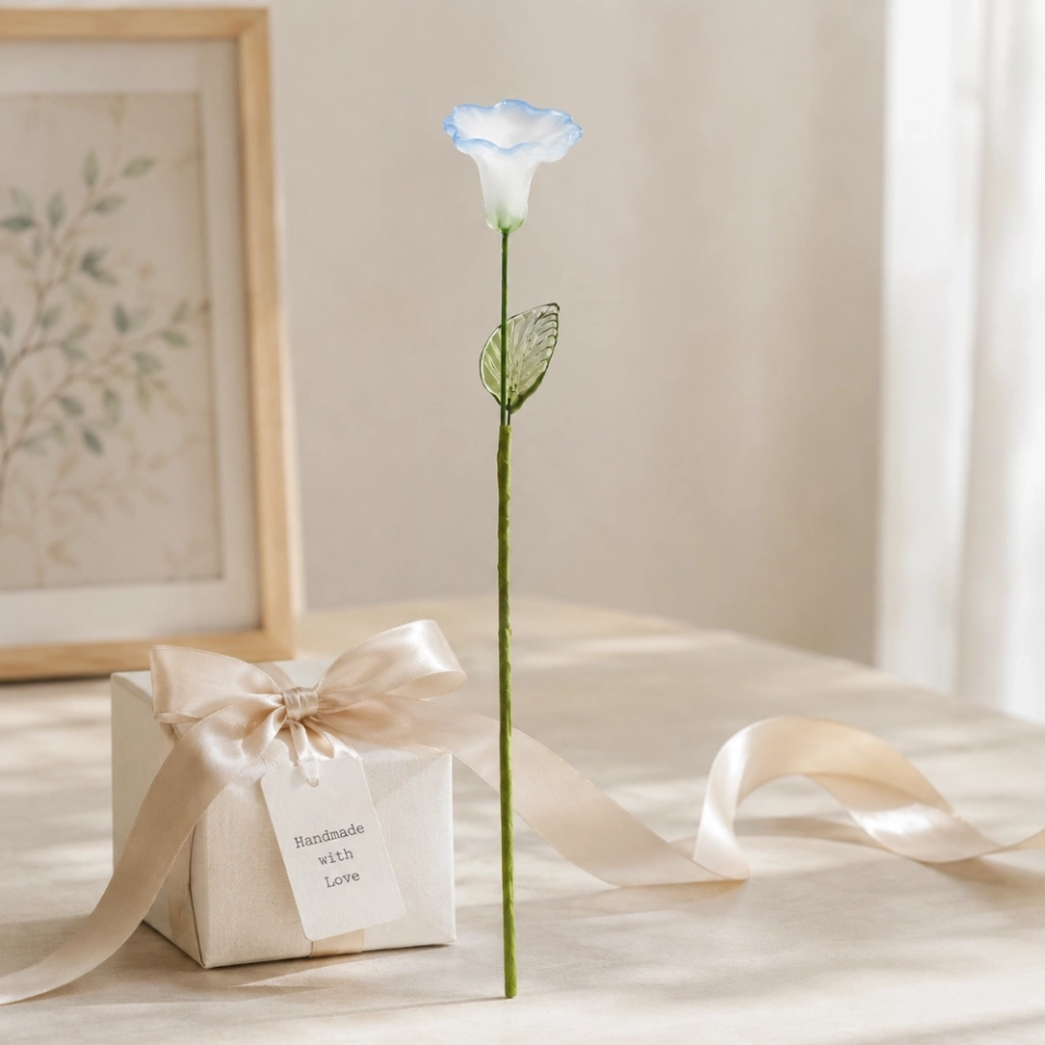 Handmade White Morning Glory Glass Flower, Single Stem Glass Floral Gift for Home Decor (4)
