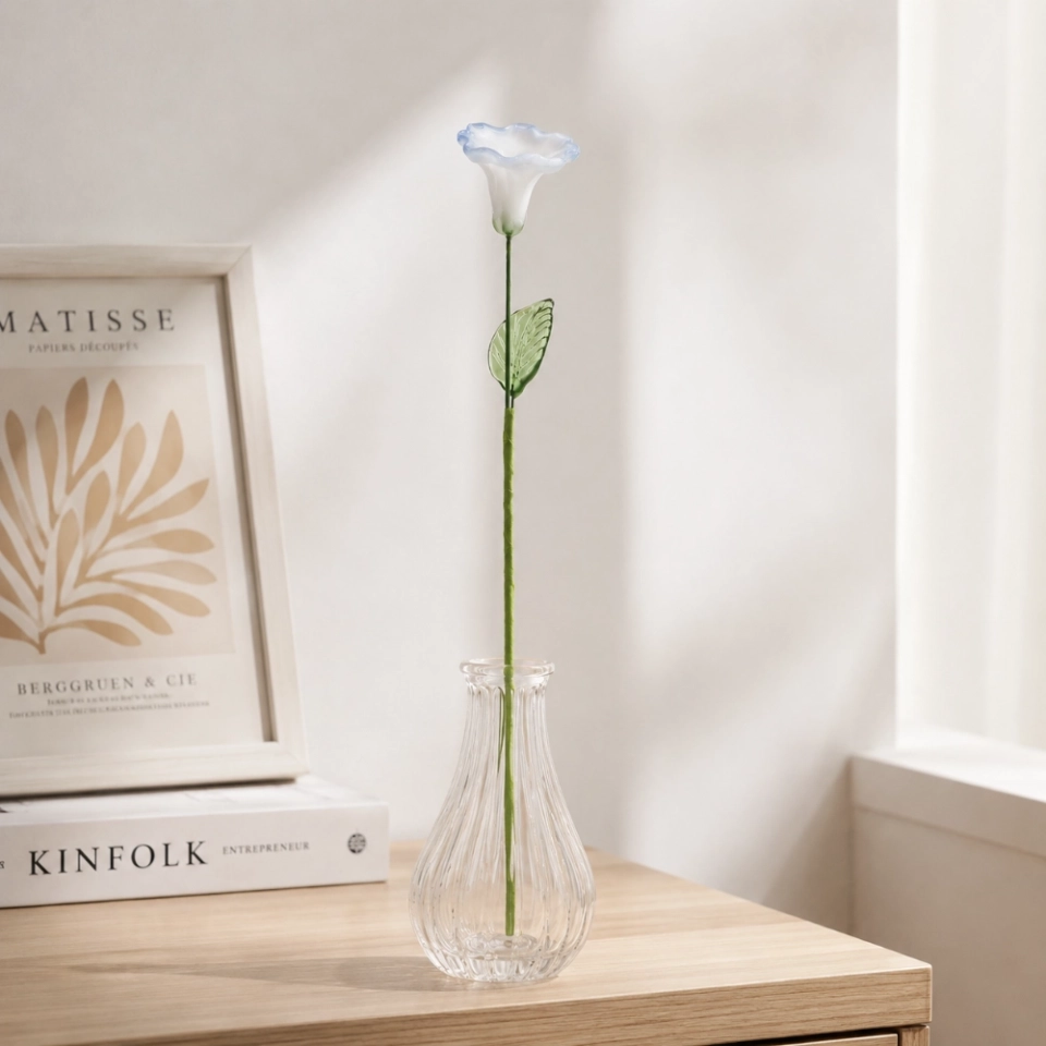 Handmade White Morning Glory Glass Flower, Single Stem Glass Floral Gift for Home Decor (7)