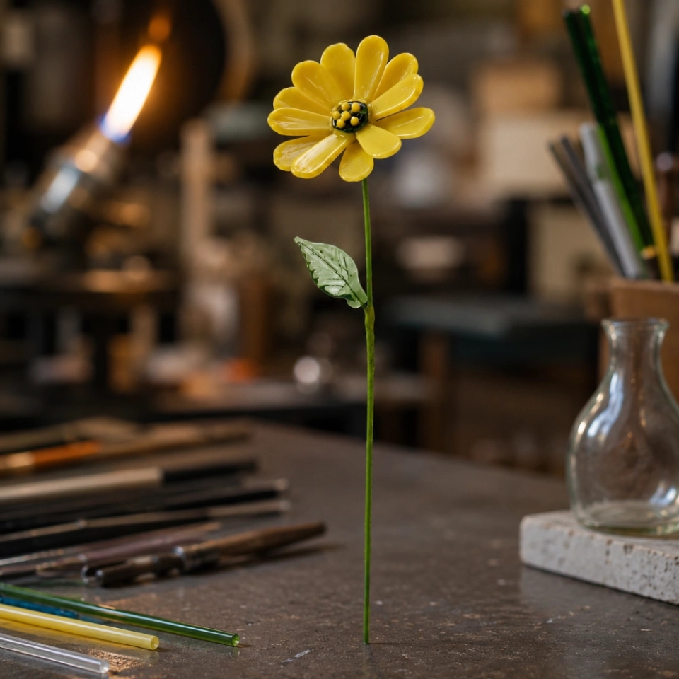 Handmade Yellow Calendula Glass Flower – Single Stem Pot Marigold Forever Flower Gift (7)