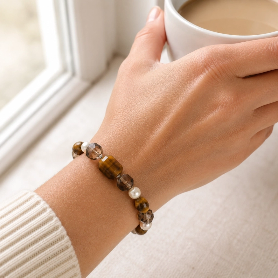 Janus Anchor January Birth Month Bracelet - Tiger's Eye, Smoky Quartz & Freshwater Pearl Gift for Women (3)