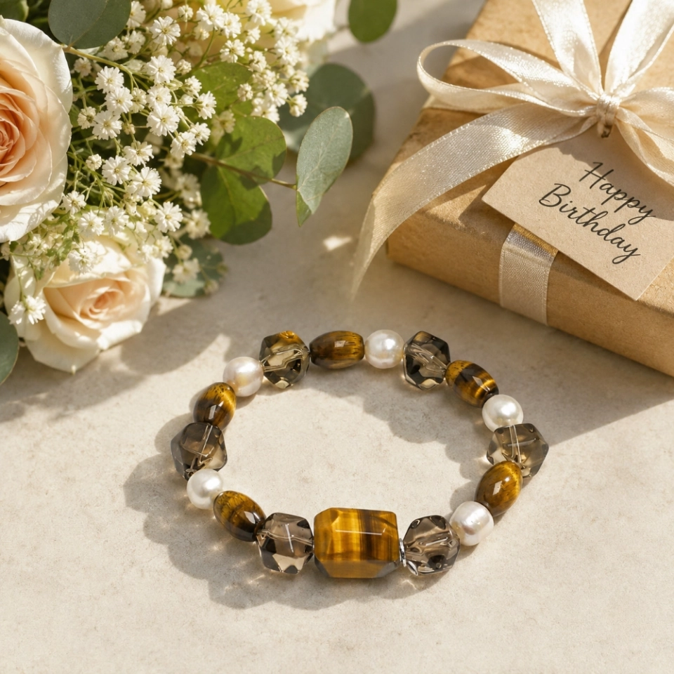 Janus Anchor January Birth Month Bracelet - Tiger's Eye, Smoky Quartz & Freshwater Pearl Gift for Women (4)