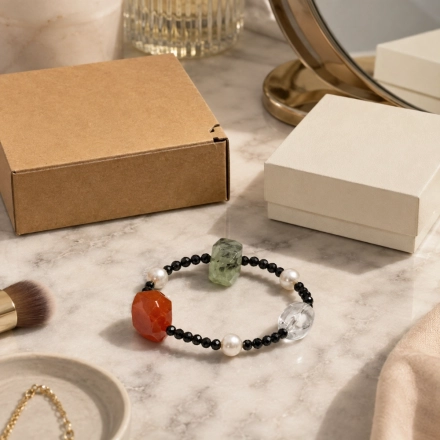 July Solstice Ember Birth Month Bracelet – Red Agate, Black Tourmaline, Prehnite, Clear Quartz & Pearl
