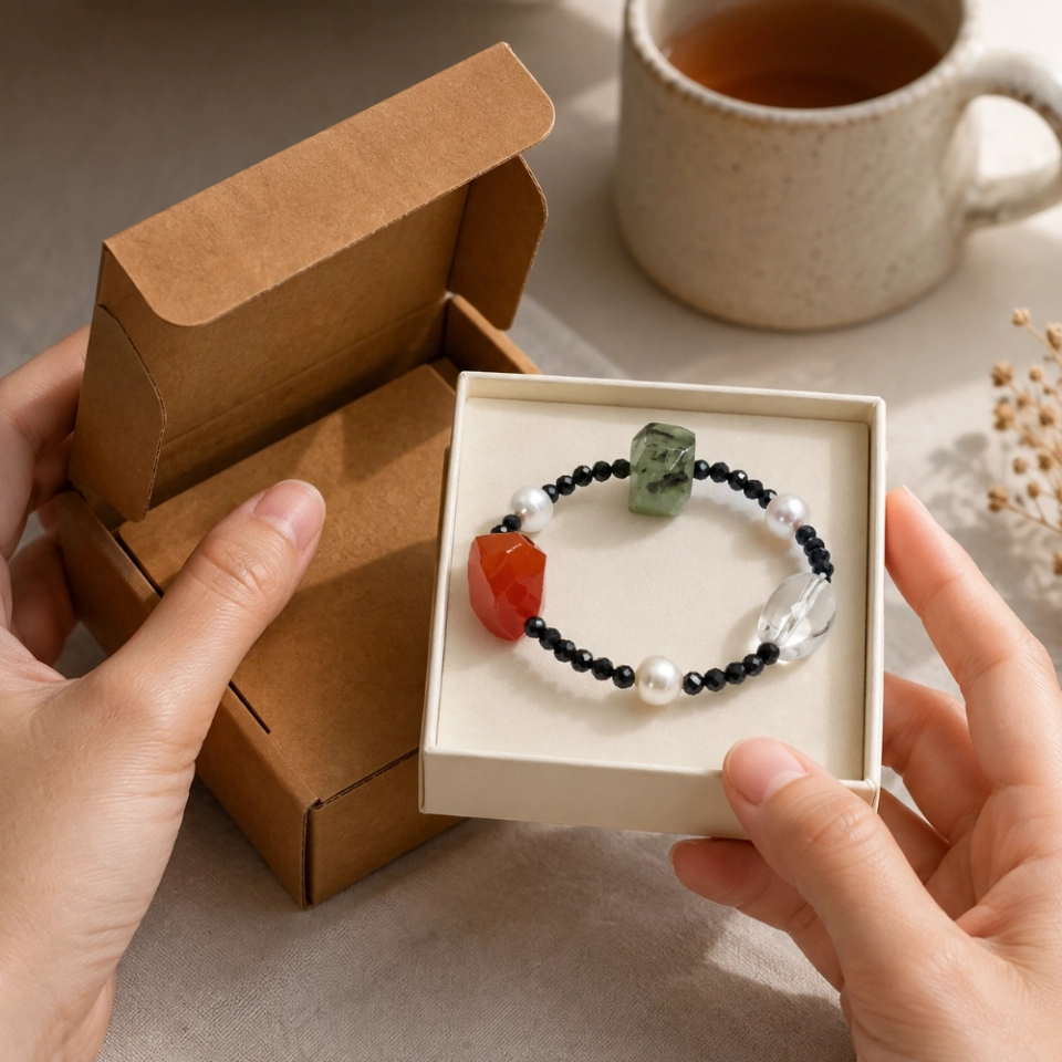 July Solstice Ember Birth Month Bracelet – Red Agate, Black Tourmaline, Prehnite, Clear Quartz & Pearl (3)