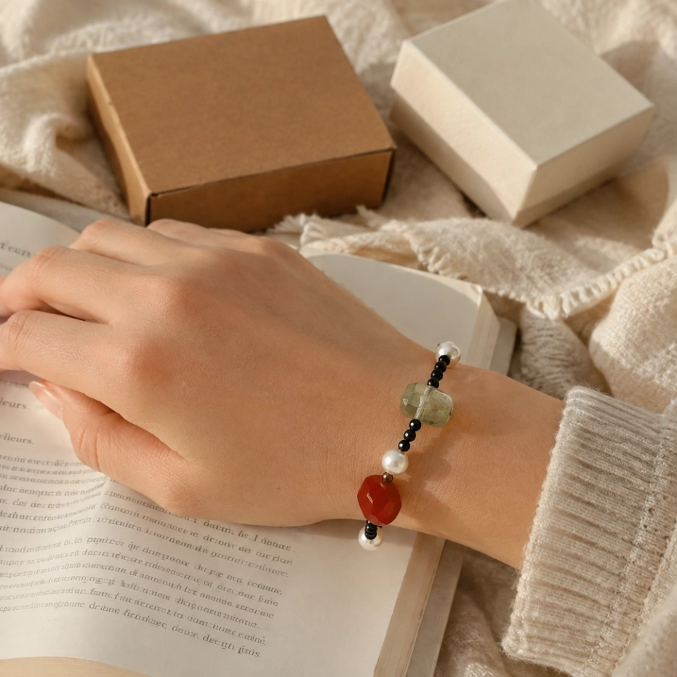 July Solstice Ember Birth Month Bracelet – Red Agate, Black Tourmaline, Prehnite, Clear Quartz & Pearl (8)