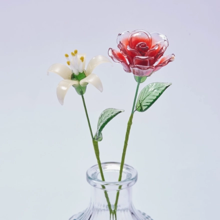 June Birth Flower Handmade Glass Rose & Honeysuckle Set – 2 Stem Birthday Gift