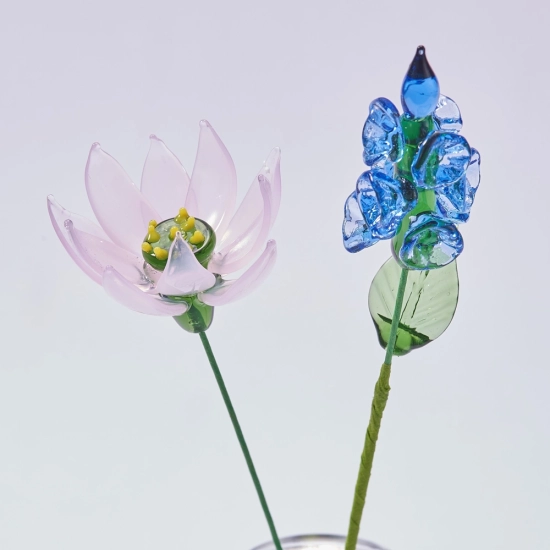 Handmade July Birth Flower Glass Set – Water Lily & Larkspur, 2 Stems