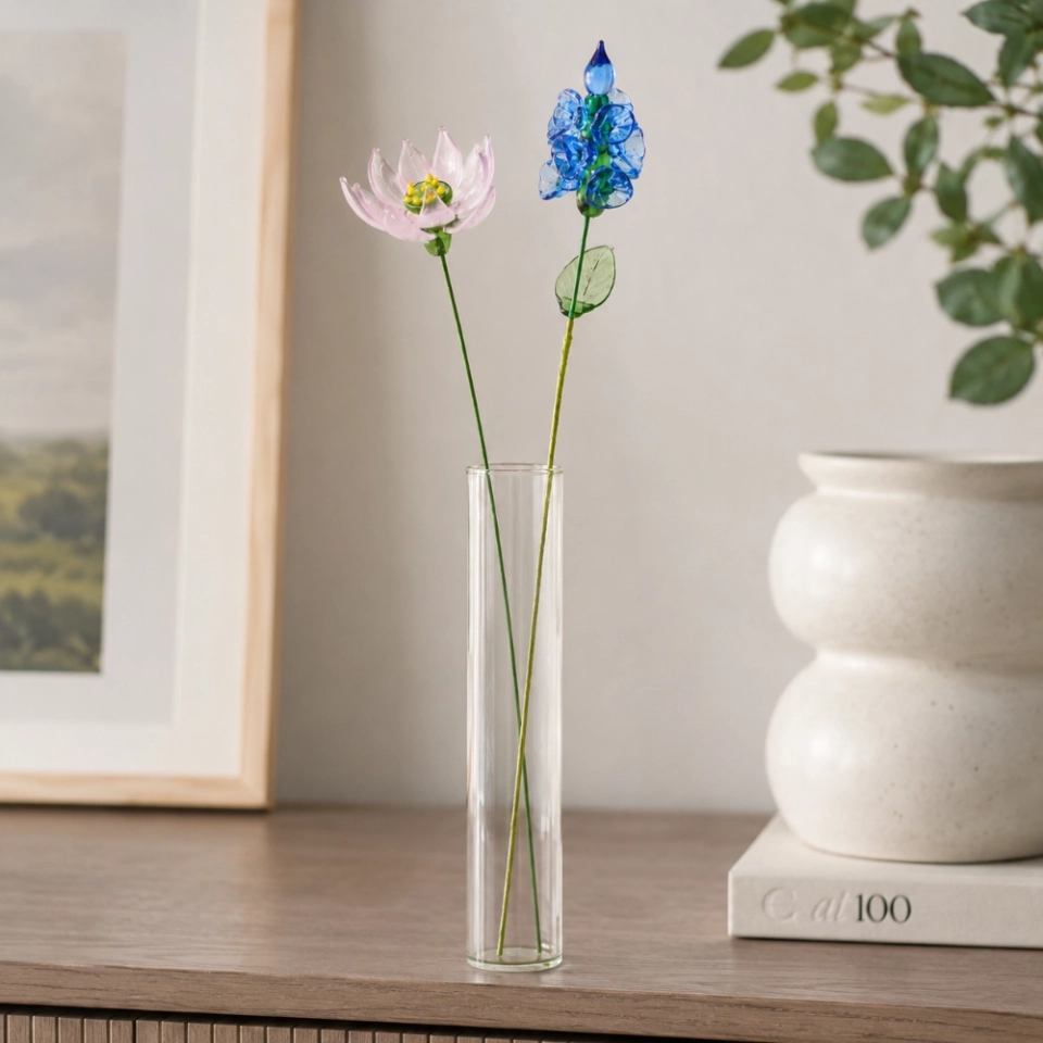 Handmade July Birth Flower Glass Set – Water Lily & Larkspur, 2 Stems (2) Handmade July Birth Flower Glass Set – Water Lily & Larkspur, 2 Stems (2)