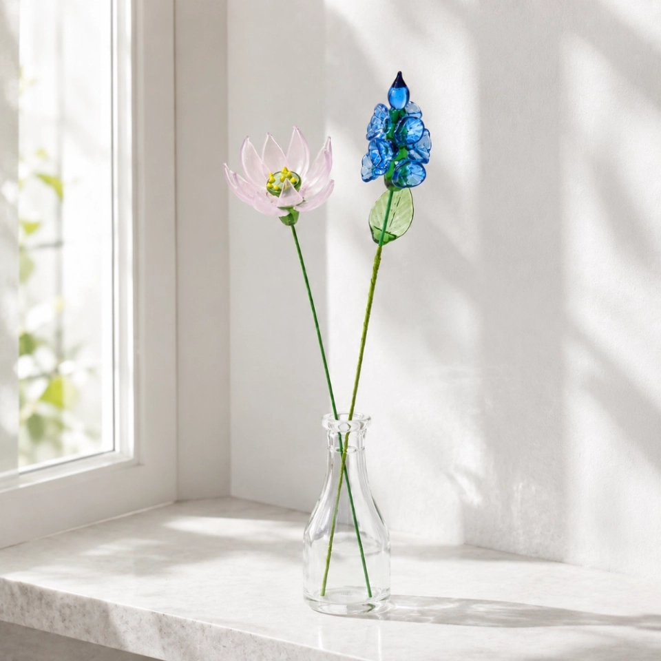 Handmade July Birth Flower Glass Set – Water Lily & Larkspur, 2 Stems (4) Handmade July Birth Flower Glass Set – Water Lily & Larkspur, 2 Stems (4)