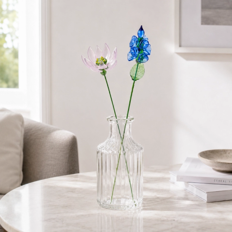 Handmade July Birth Flower Glass Set – Water Lily & Larkspur, 2 Stems (5) Handmade July Birth Flower Glass Set – Water Lily & Larkspur, 2 Stems (5)