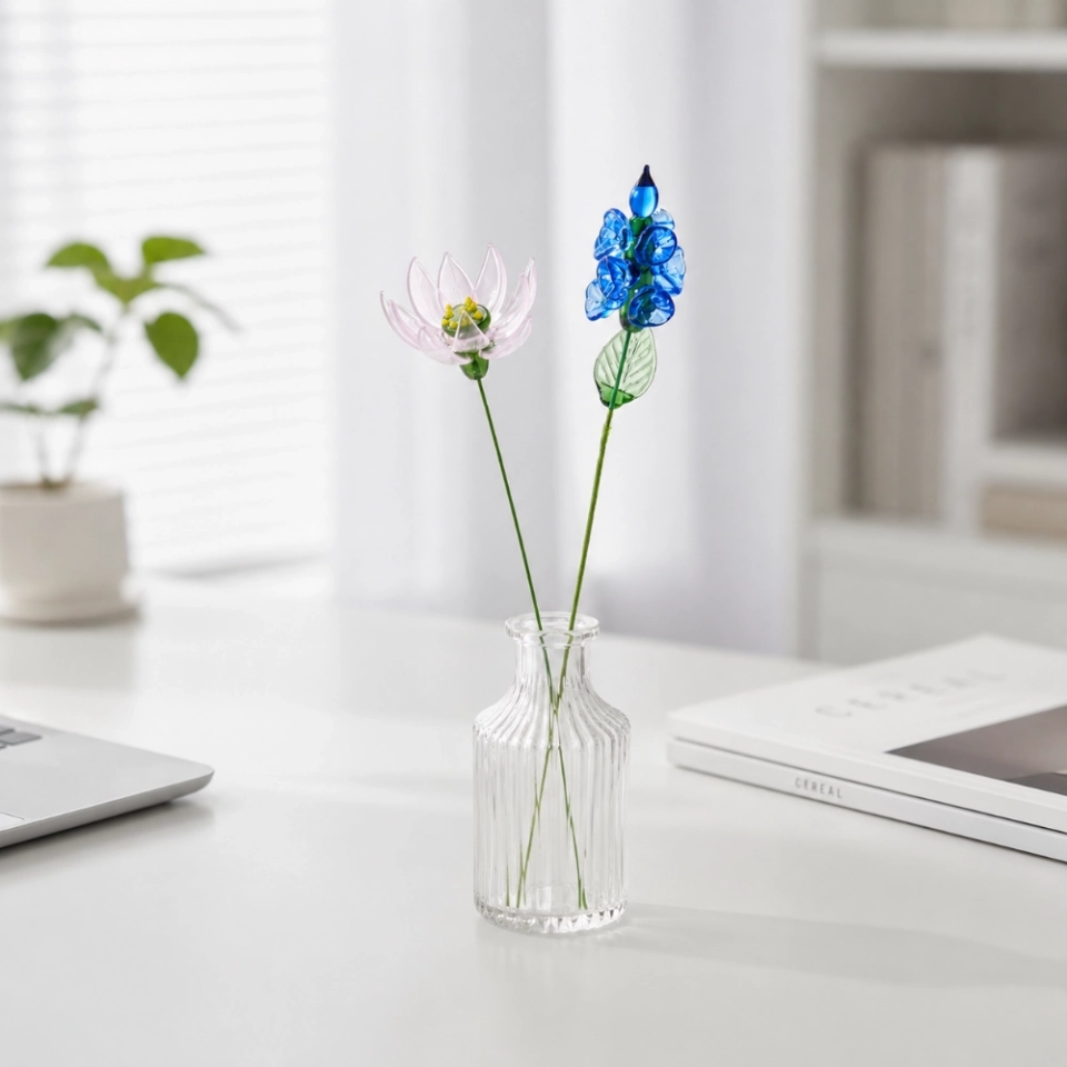 Handmade July Birth Flower Glass Set – Water Lily & Larkspur, 2 Stems (7) Handmade July Birth Flower Glass Set – Water Lily & Larkspur, 2 Stems (7)