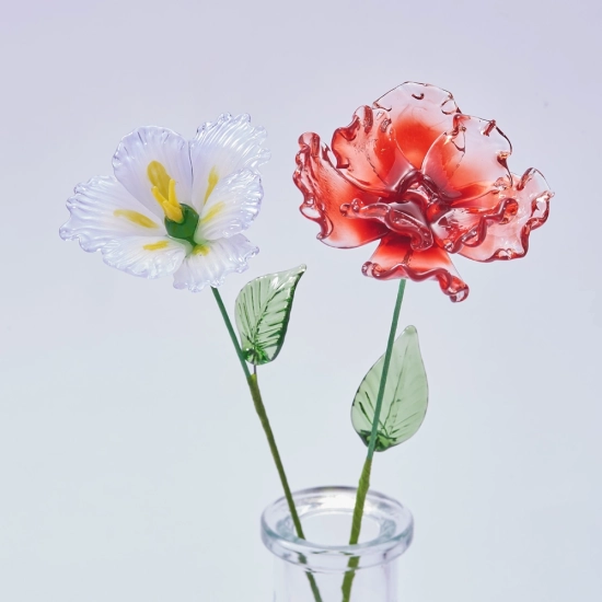 August Birth Flower Handmade Glass Gladiolus & Poppy Set – 2-Stem Birthday Gift