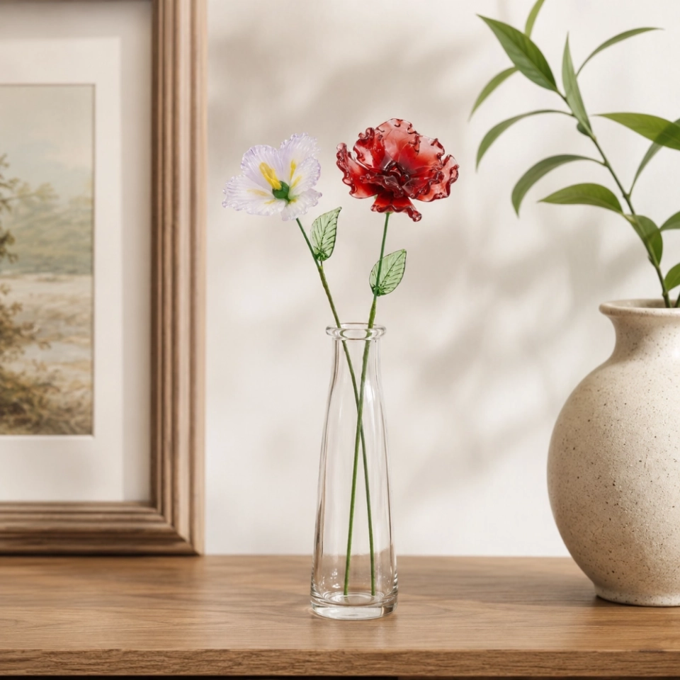 August Birth Flower Handmade Glass Gladiolus & Poppy Set – 2-Stem Birthday Gift (2)