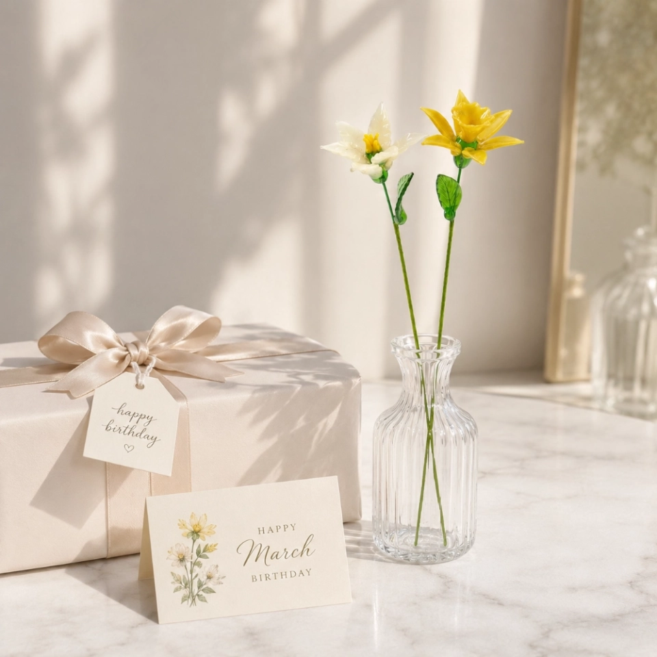 March Birth Flower Glass Gift Set – Handmade Narcissus & Yellow Jonquil Daffodil Flowers (7) March Birth Flower Glass Gift Set – Handmade Narcissus & Yellow Jonquil Daffodil Flowers (7)