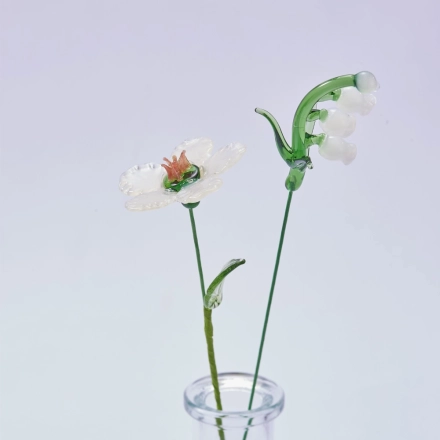 Handmade glass May birth flower set with camellia and white lily of the valley stems