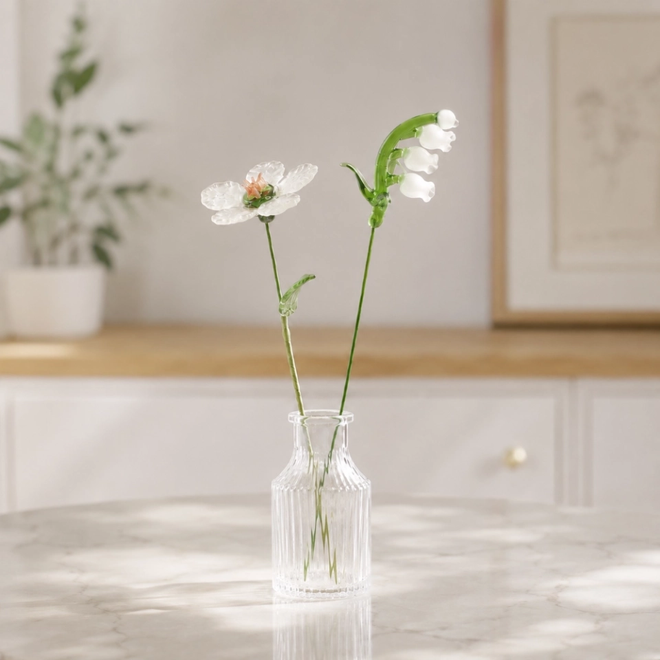 Handmade glass May birth flower set with camellia and white lily of the valley stems (2) Handmade glass May birth flower set with camellia and white lily of the valley stems (2)