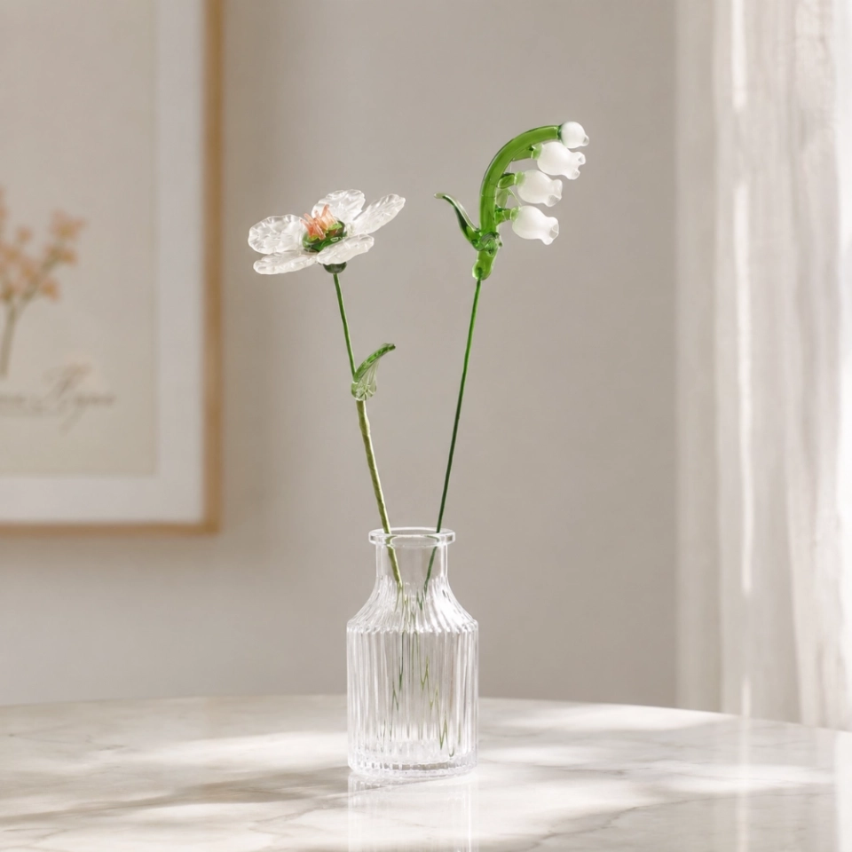 Handmade glass May birth flower set with camellia and white lily of the valley stems (4)