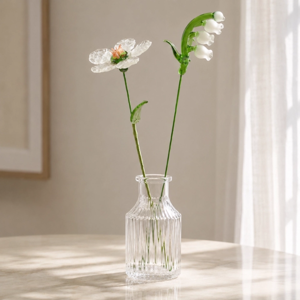 Handmade glass May birth flower set with camellia and white lily of the valley stems (6) Handmade glass May birth flower set with camellia and white lily of the valley stems (6)