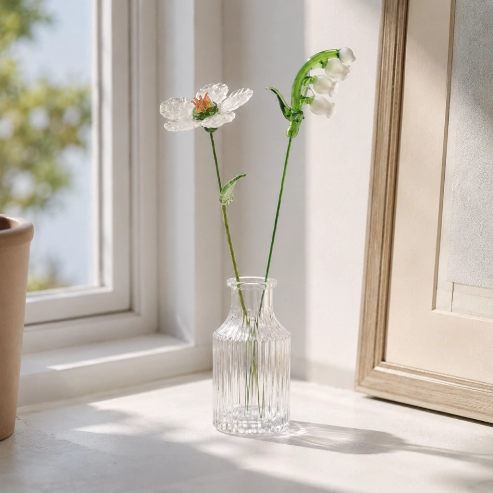 Handmade glass May birth flower set with camellia and white lily of the valley stems (8)