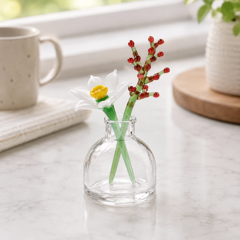 Mini December White Narcissus & Holly Glass Vase Set – Handmade 3-Piece Keepsake